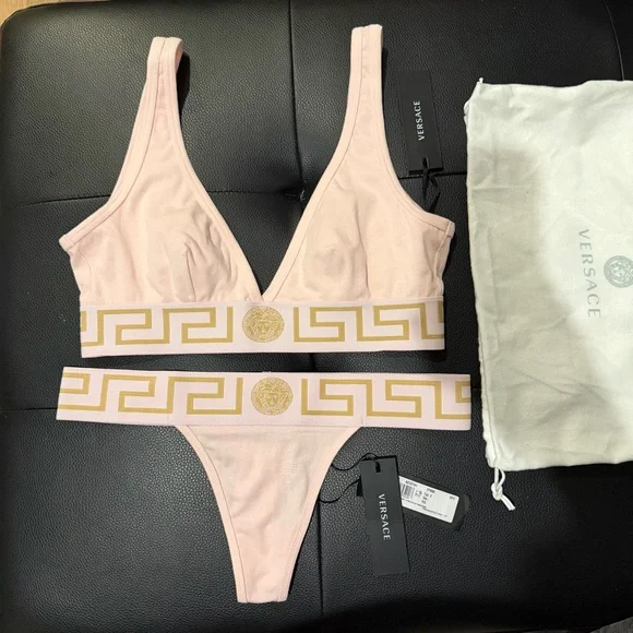 NEW NWT Versace Pink Gold Greca Bra and Thong underwear set sz 2 bralette $$290